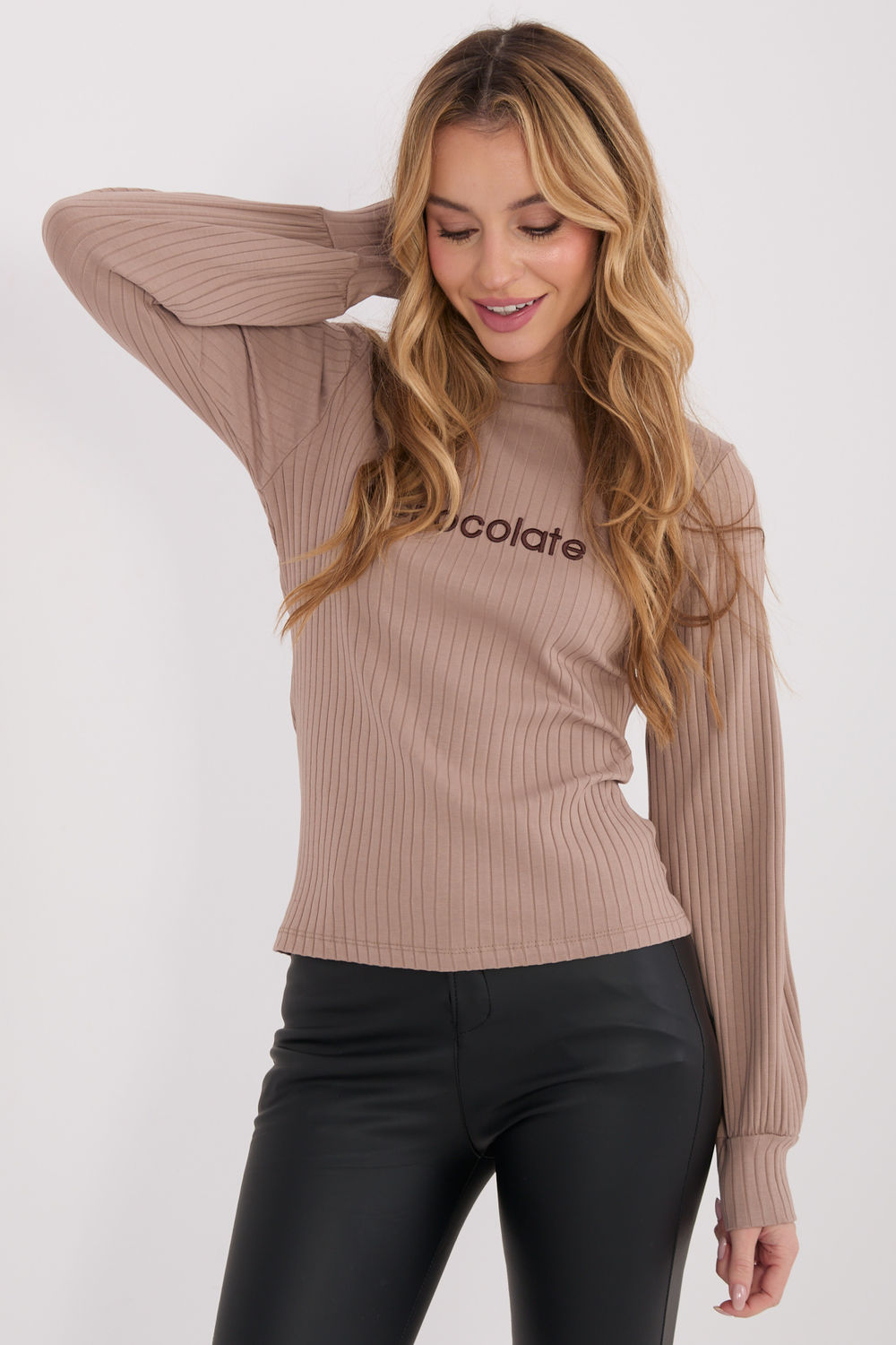 Rue Paris Dark Beige Striped Puff Sleeve Blouse