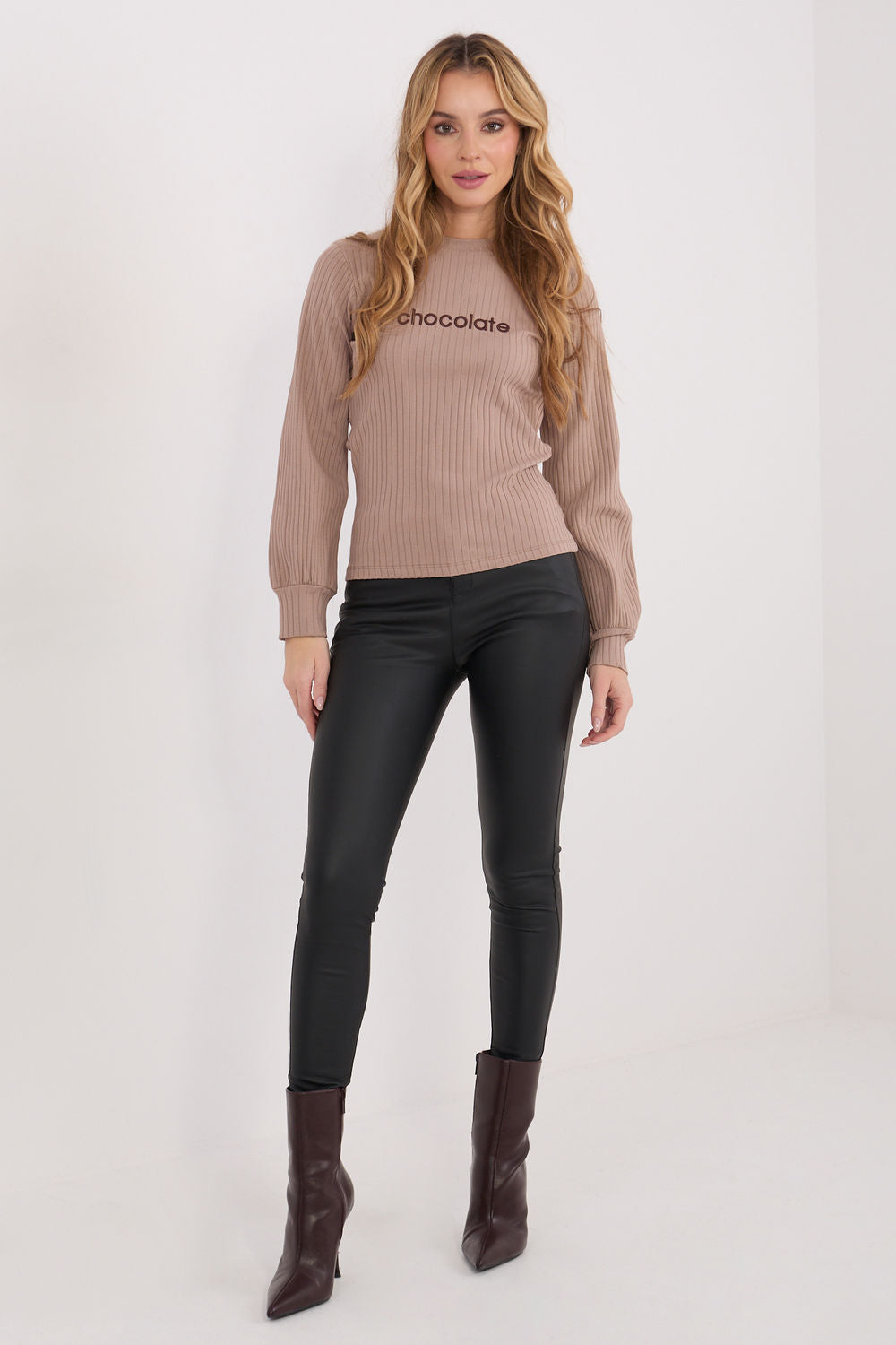 Rue Paris Dark Beige Striped Puff Sleeve Blouse - view 2