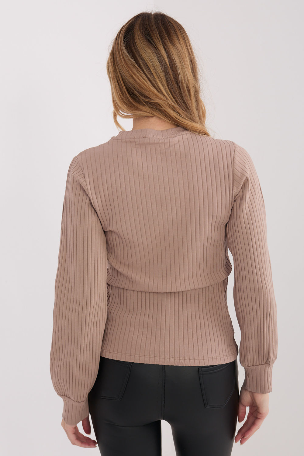 Rue Paris Dark Beige Striped Puff Sleeve Blouse - view 3