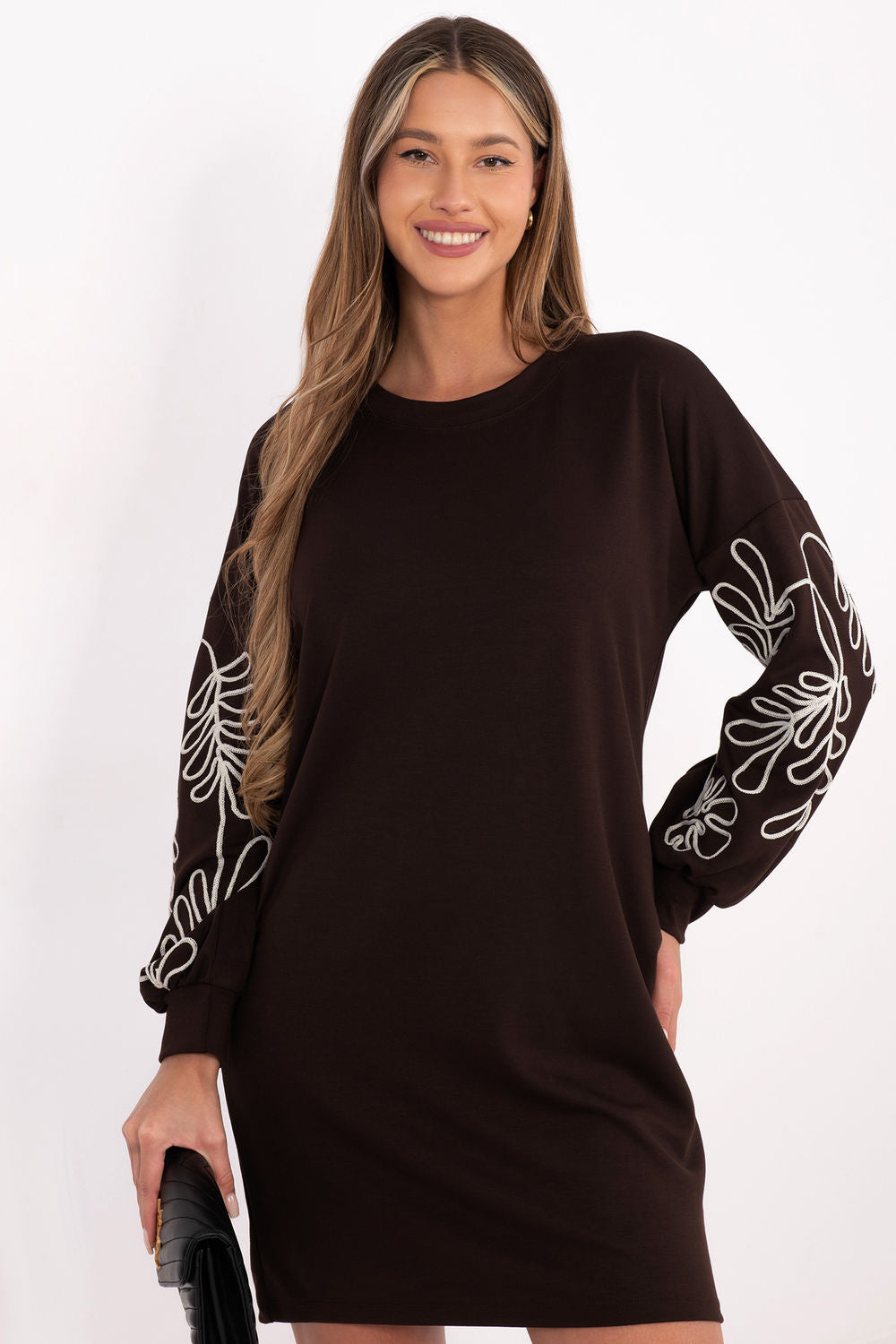 Rue Paris Dark Brown Round Neck Puff Sleeve Dress