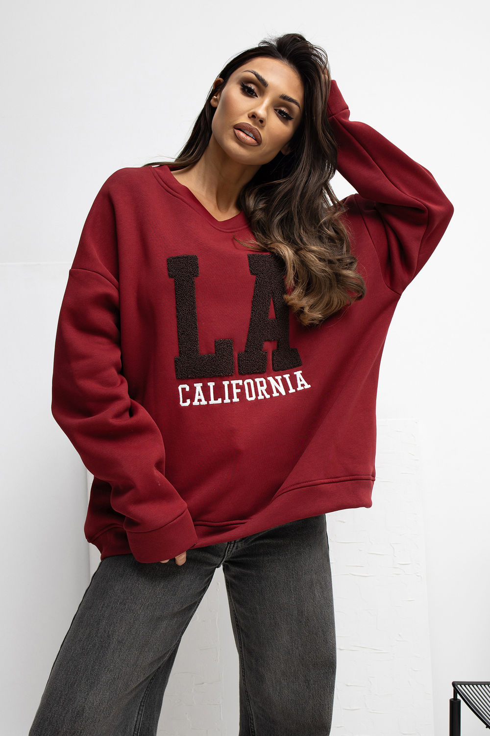 Rue Paris Burgundy Round Neck Long Sleeve Cotton Sweatshirt with Embroidery