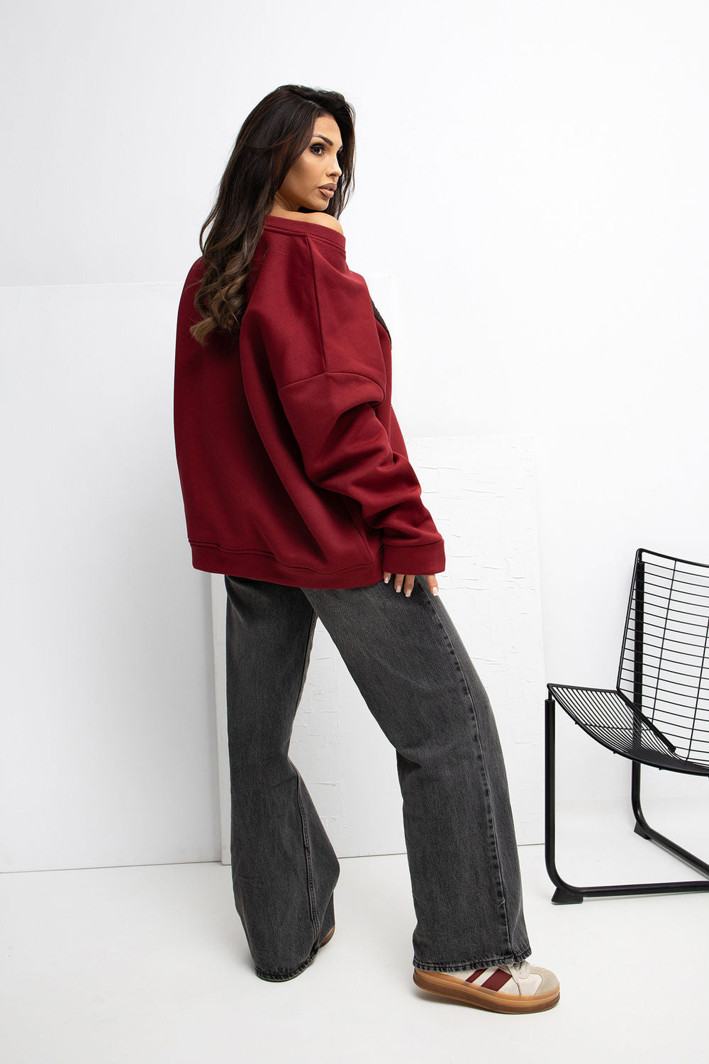 Rue Paris Burgundy Round Neck Long Sleeve Cotton Sweatshirt with Embroidery - view 3