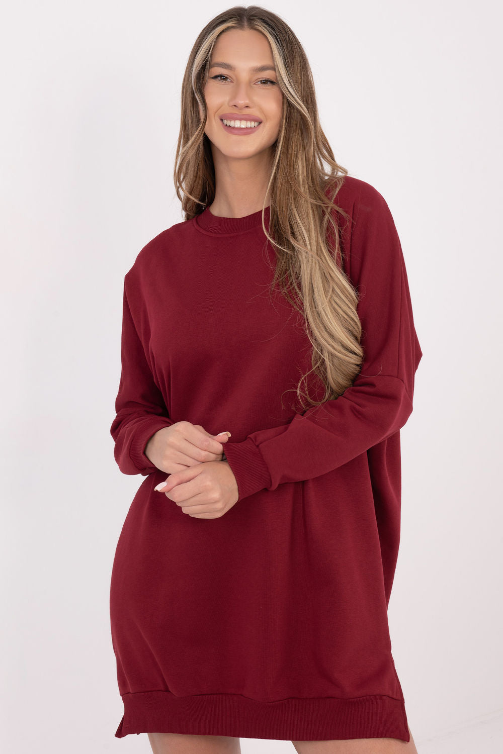 Relevance Burgundy Round Neck Long Sleeve Dress