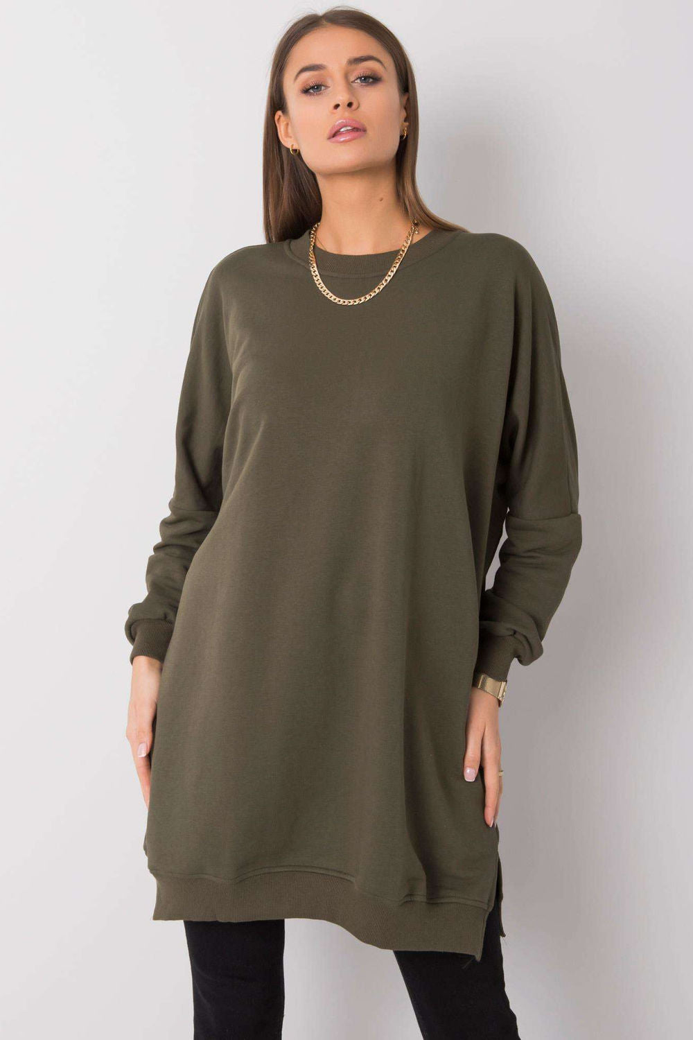 Relevance Khaki Round Neck Long Sleeve Dress