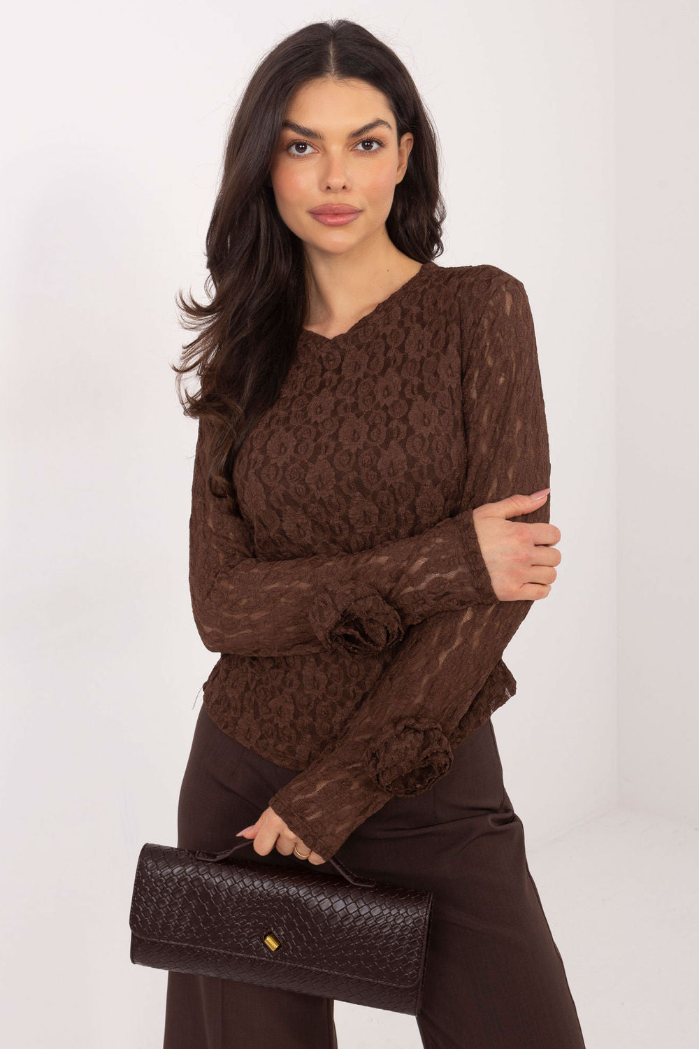 Italy Moda Brown Bodycon Long Sleeve Lace Blouse