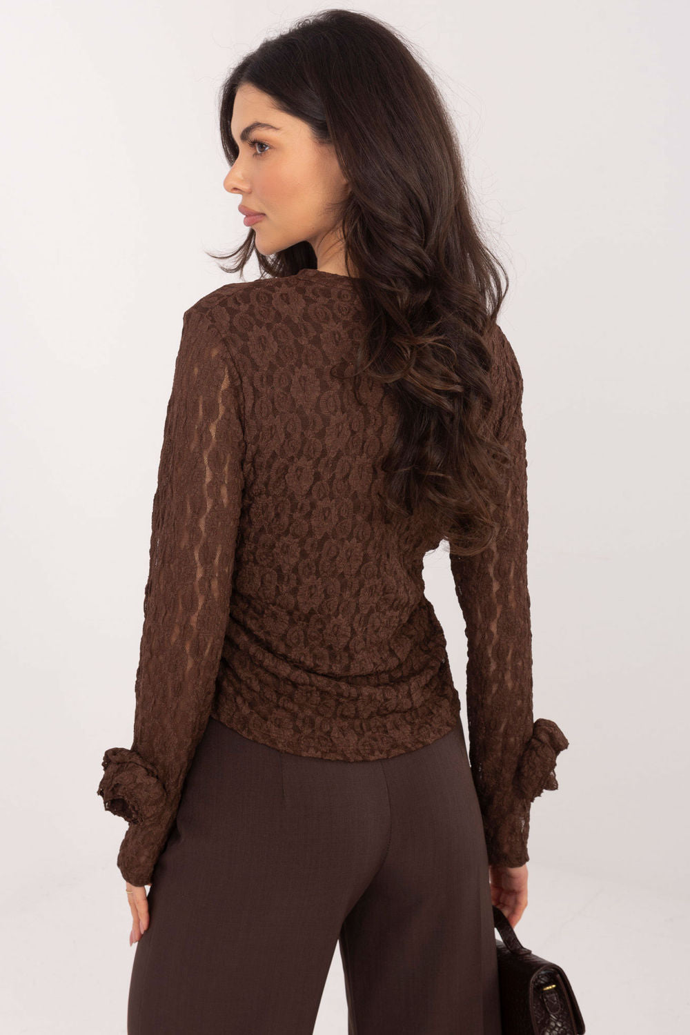 Italy Moda Brown Bodycon Long Sleeve Lace Blouse - view 3