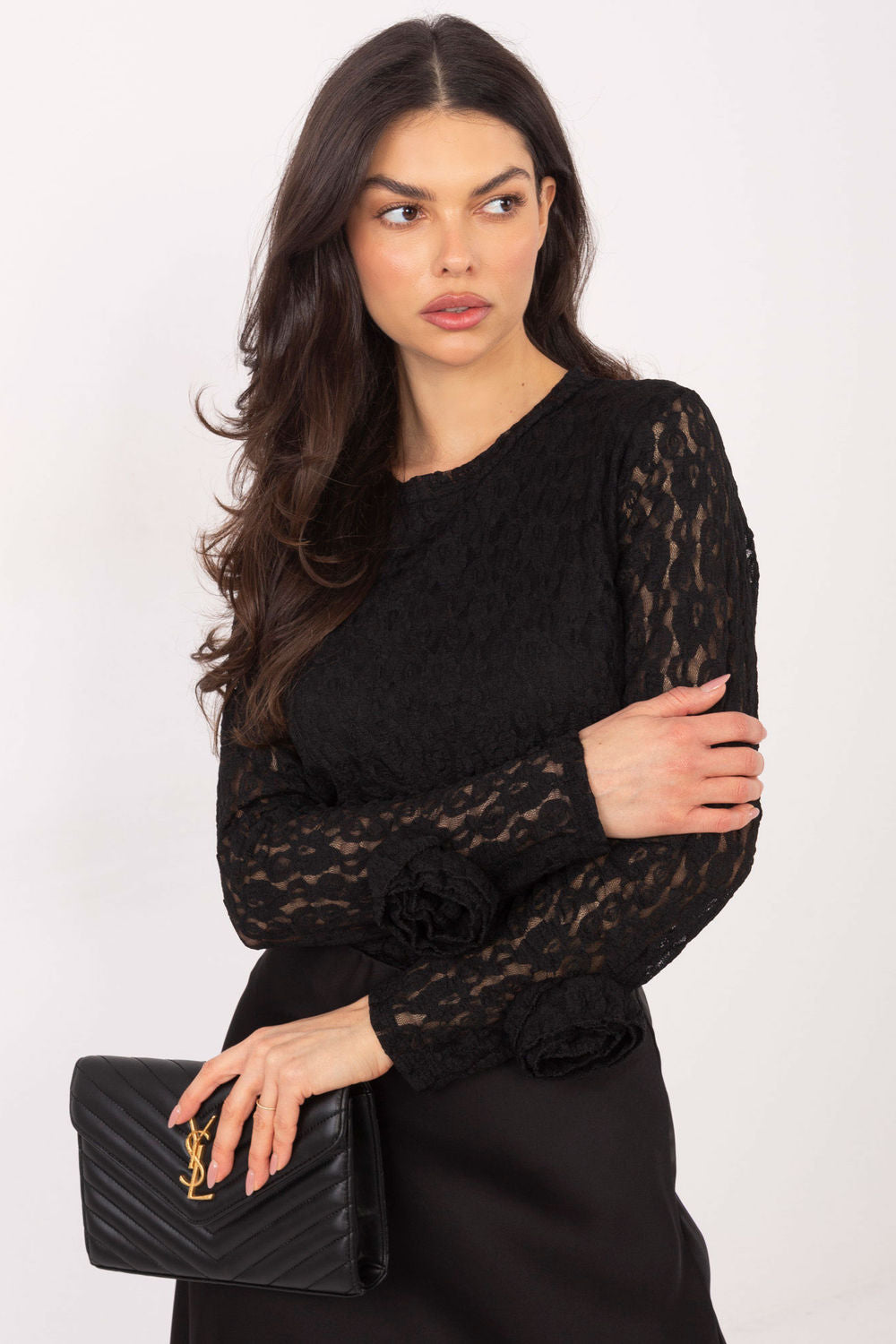 Italy Moda Black Bodycon Long Sleeve Lace Blouse