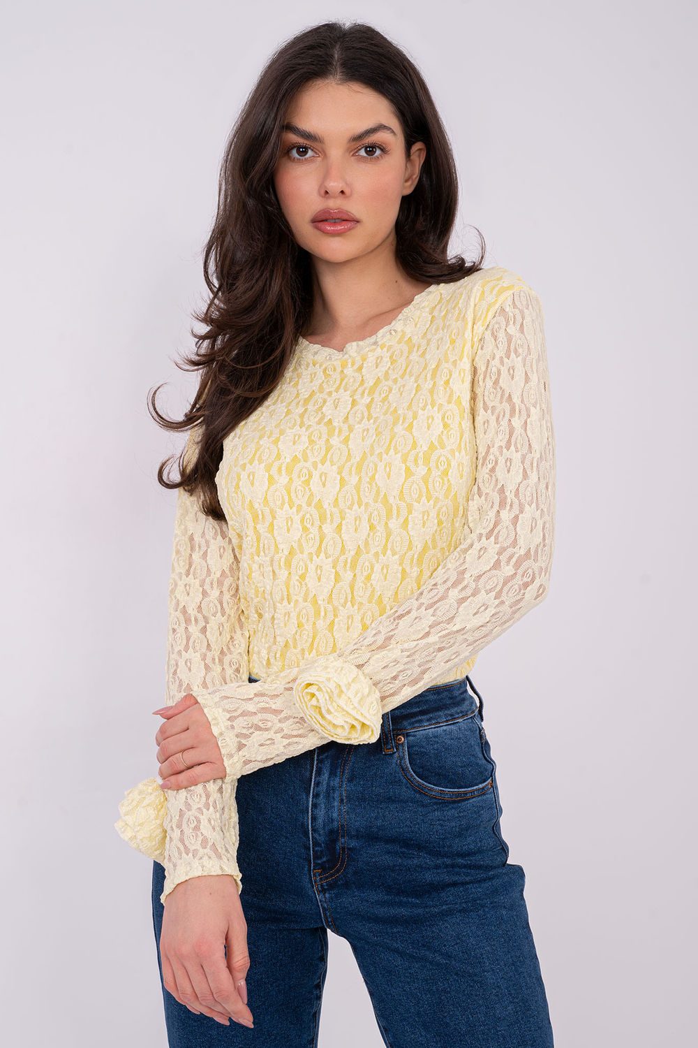 Italy Moda Light Yellow Bodycon Long Sleeve Lace Blouse