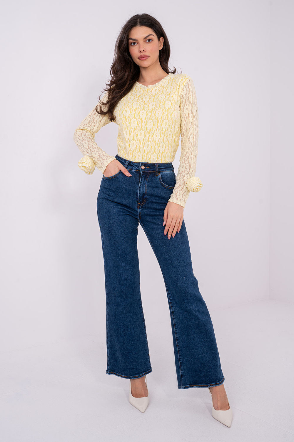 Italy Moda Light Yellow Bodycon Long Sleeve Lace Blouse - view 2