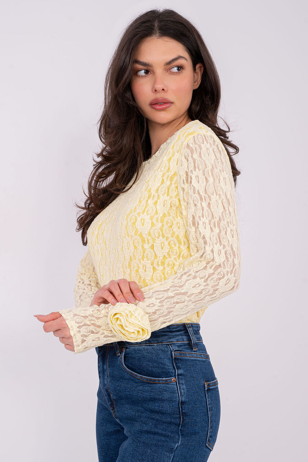 Italy Moda Light Yellow Bodycon Long Sleeve Lace Blouse - view 3