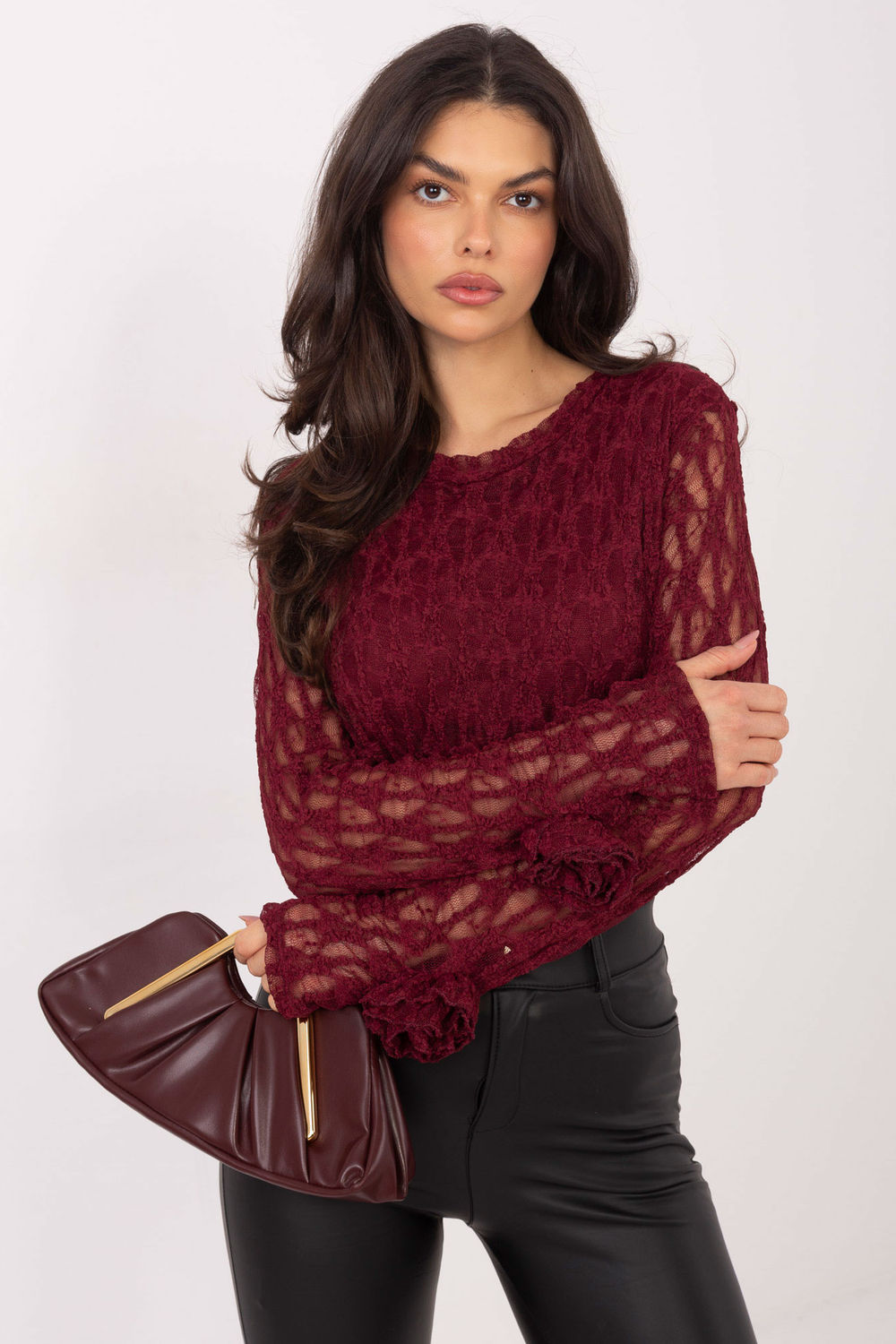 Italy Moda Burgundy Bodycon Long Sleeve Lace Blouse