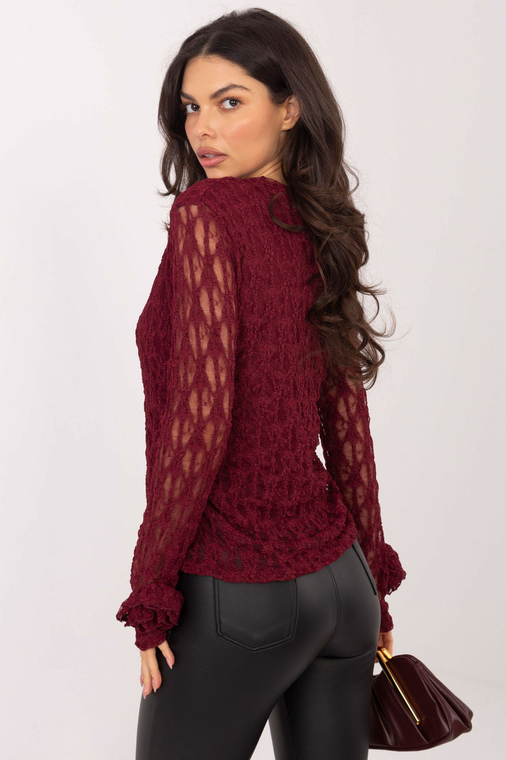 Italy Moda Burgundy Bodycon Long Sleeve Lace Blouse - view 3
