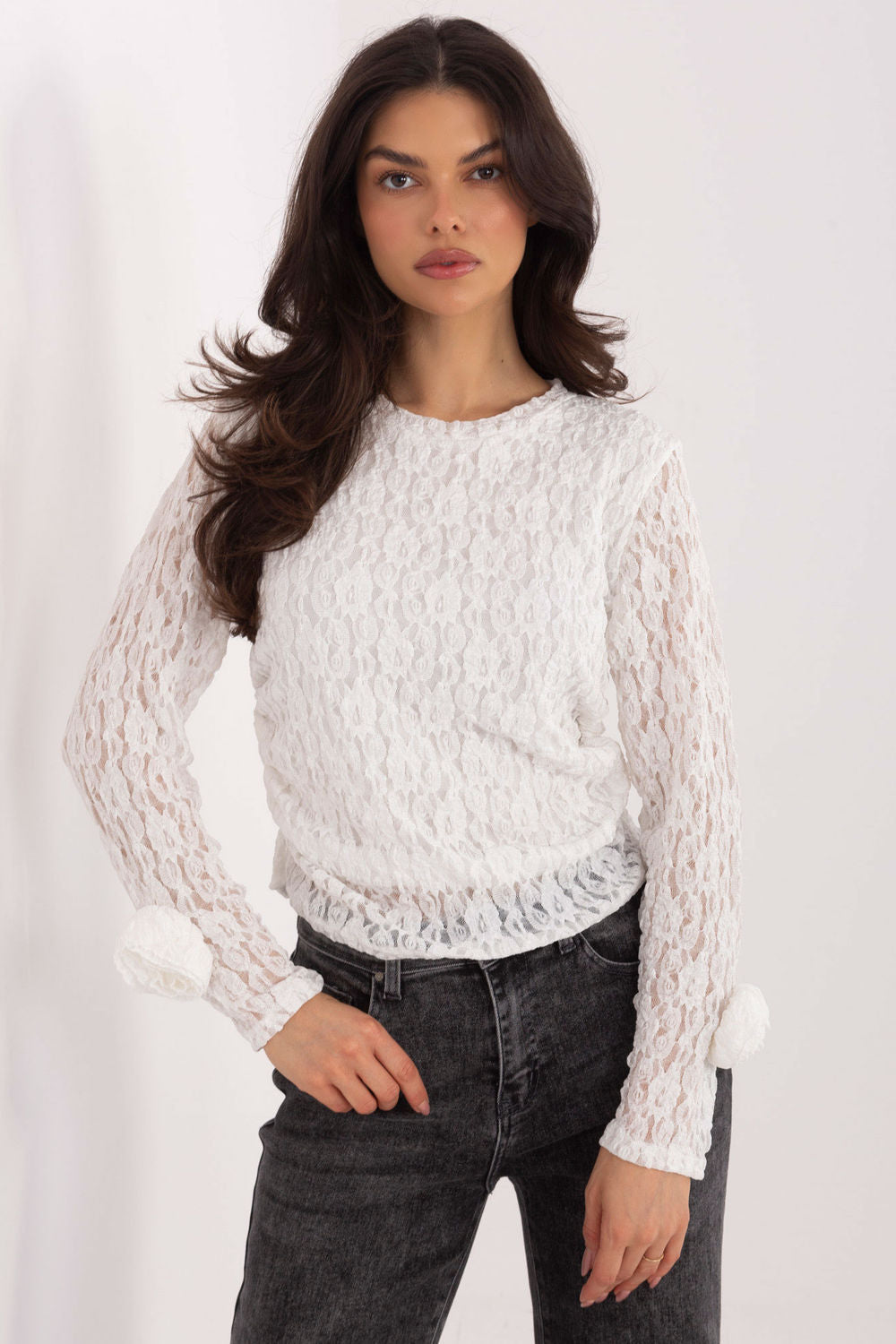 Italy Moda White Bodycon Long Sleeve Lace Blouse