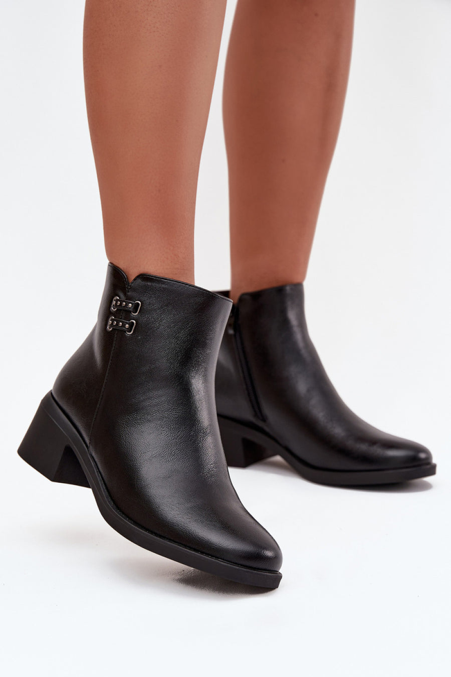 Step In Style Delmira Black Faux Leather Block Heel Heeled Ankle Boots