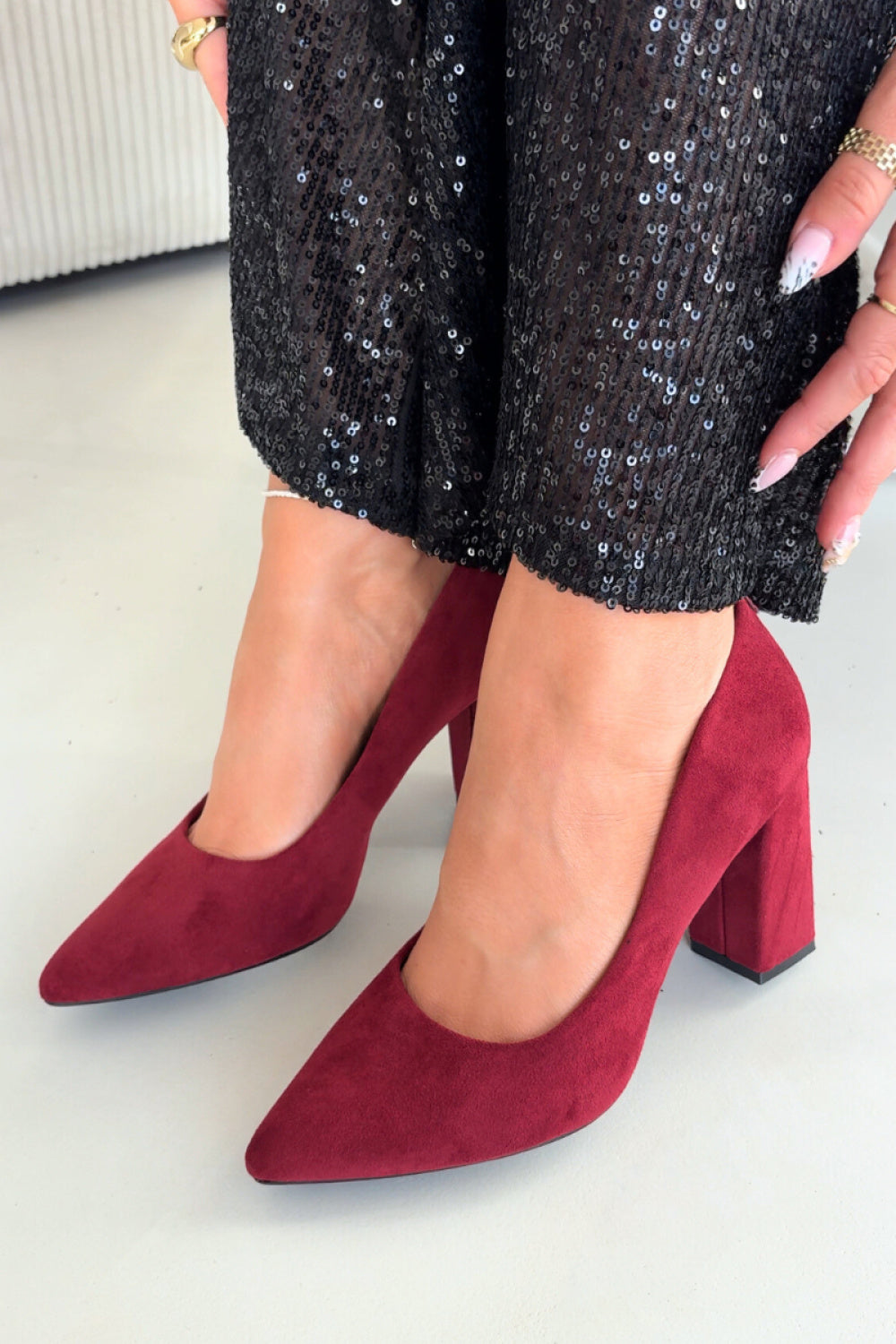 Step In Style Sergio Leone Burgundy Faux Suede Block Heel Court Shoes