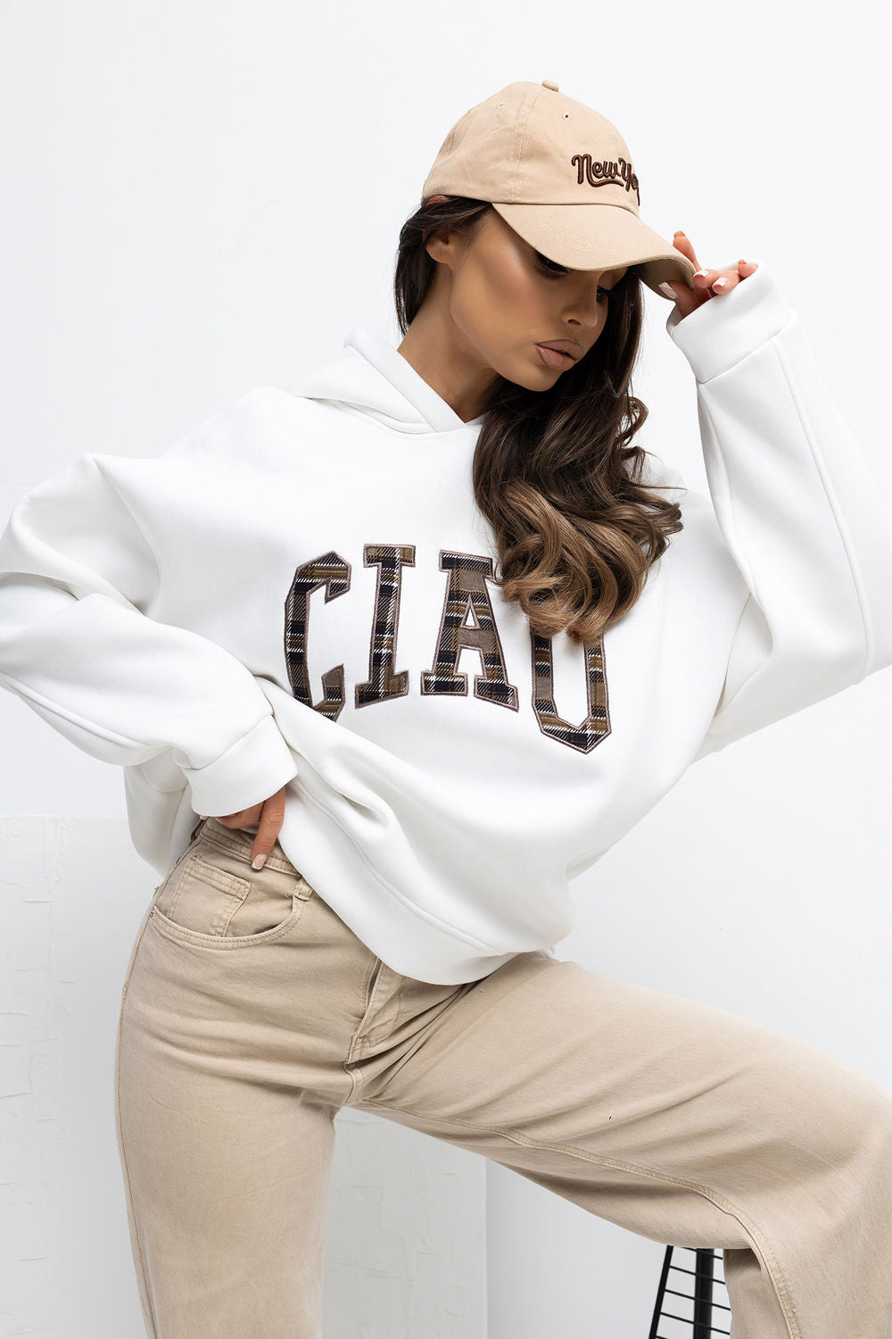 Rue Paris Ecru Hooded Long Sleeve Sweatshirt with Embroidery