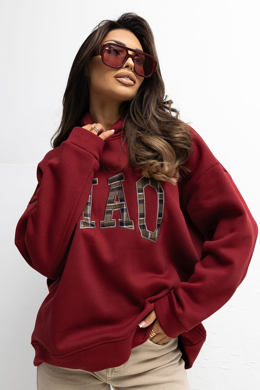 Rue Paris Burgundy Hooded Long Sleeve Cotton Sweatshirt