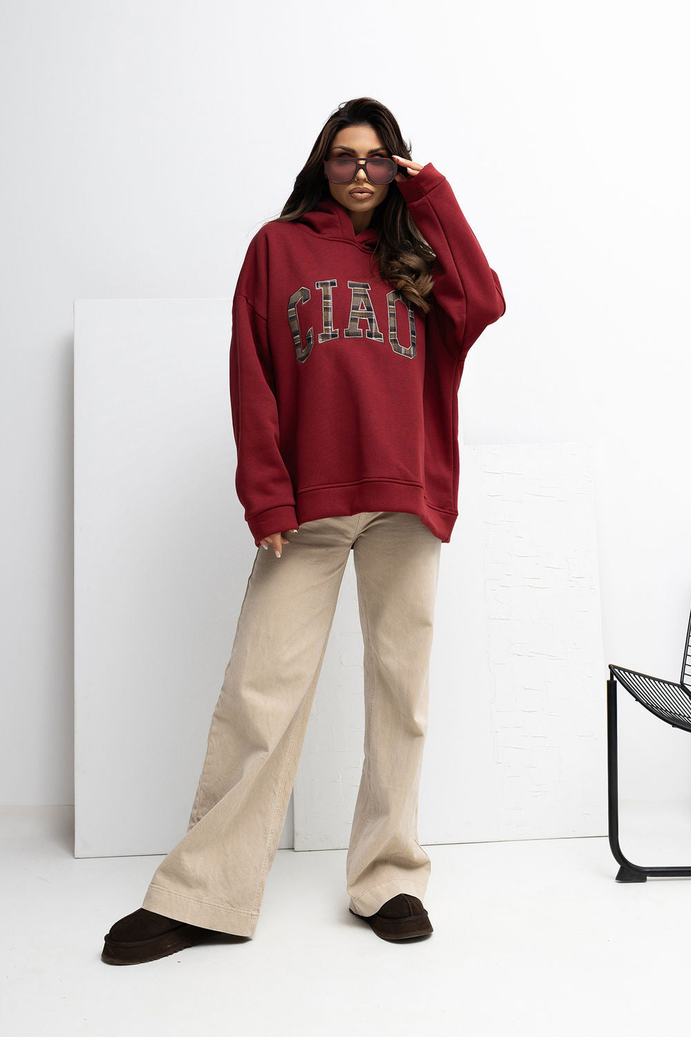 Rue Paris Burgundy Hooded Long Sleeve Cotton Sweatshirt - view 2