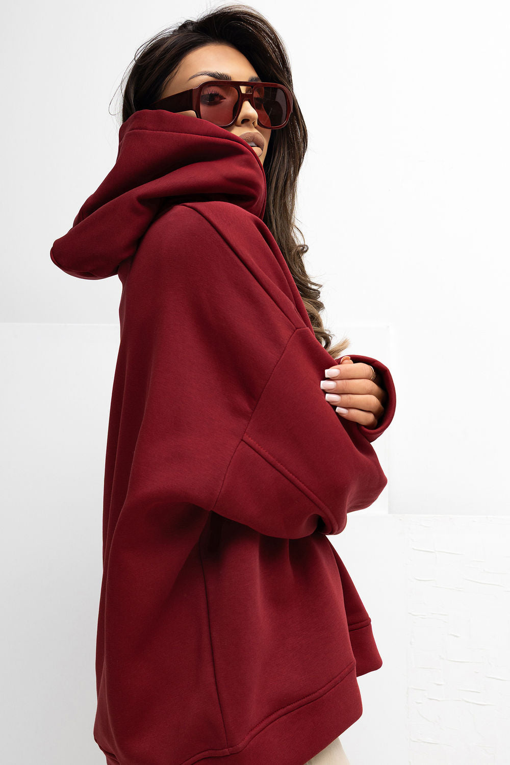 Rue Paris Burgundy Hooded Long Sleeve Cotton Sweatshirt - view 3