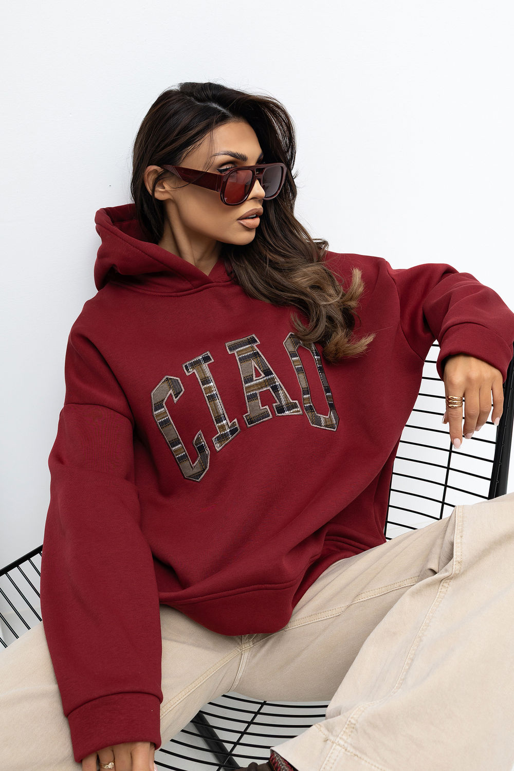 Rue Paris Burgundy Hooded Long Sleeve Cotton Sweatshirt - view 4