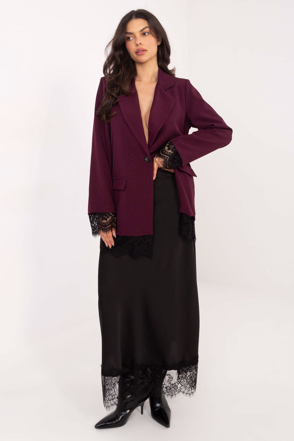 Italy Moda Dark Red Lace Long Sleeve Jacket - view 2
