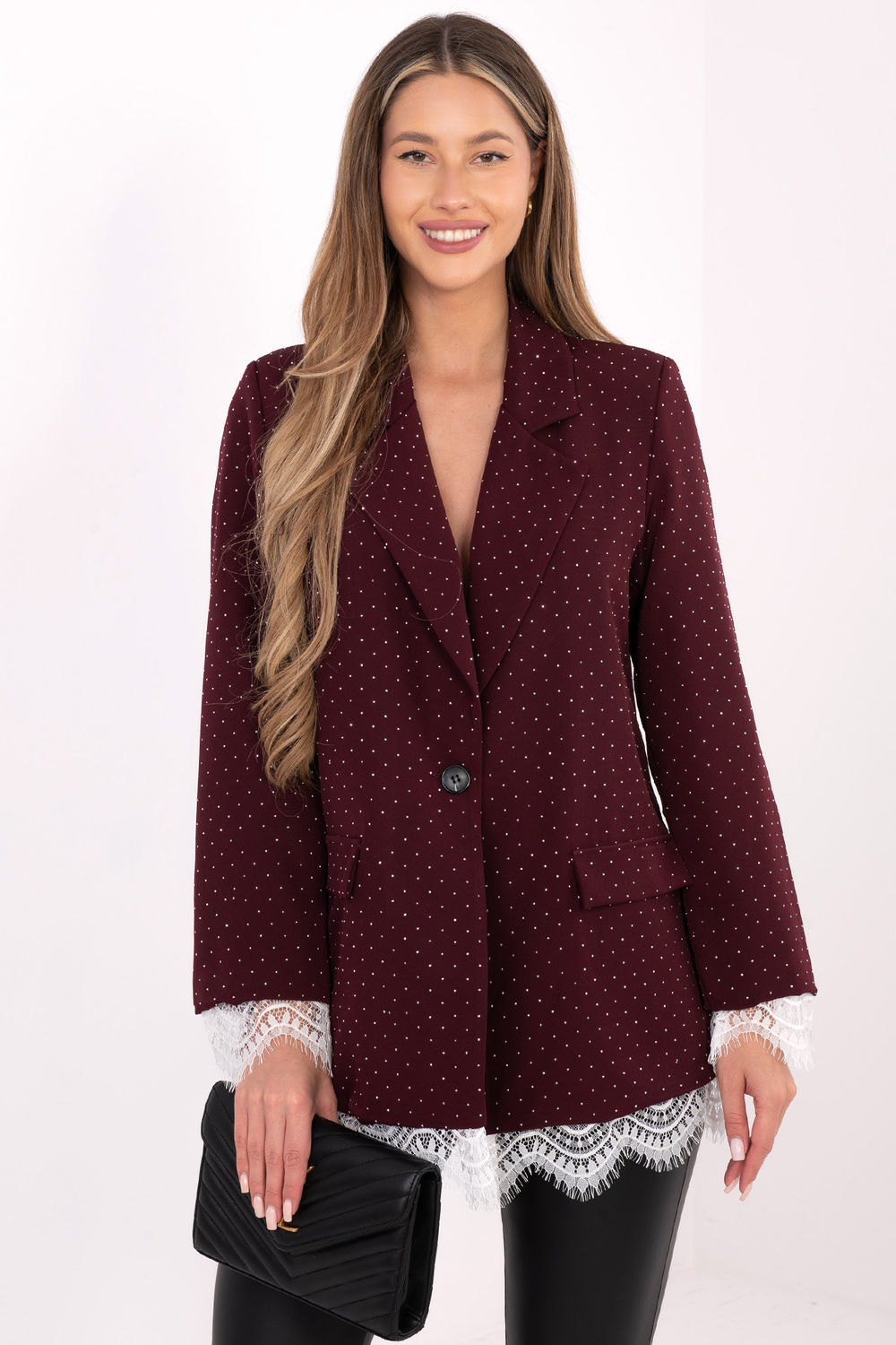 Italy Moda Burgundy Lace Long Sleeve Jacket with Buttons