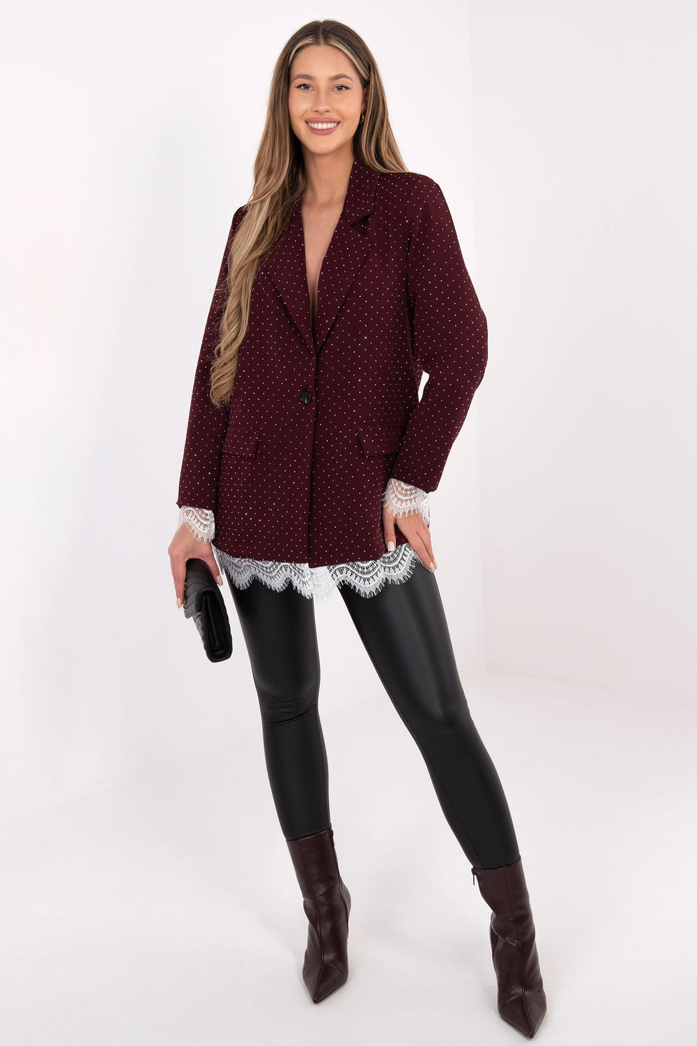 Italy Moda Burgundy Lace Long Sleeve Jacket with Buttons - view 2