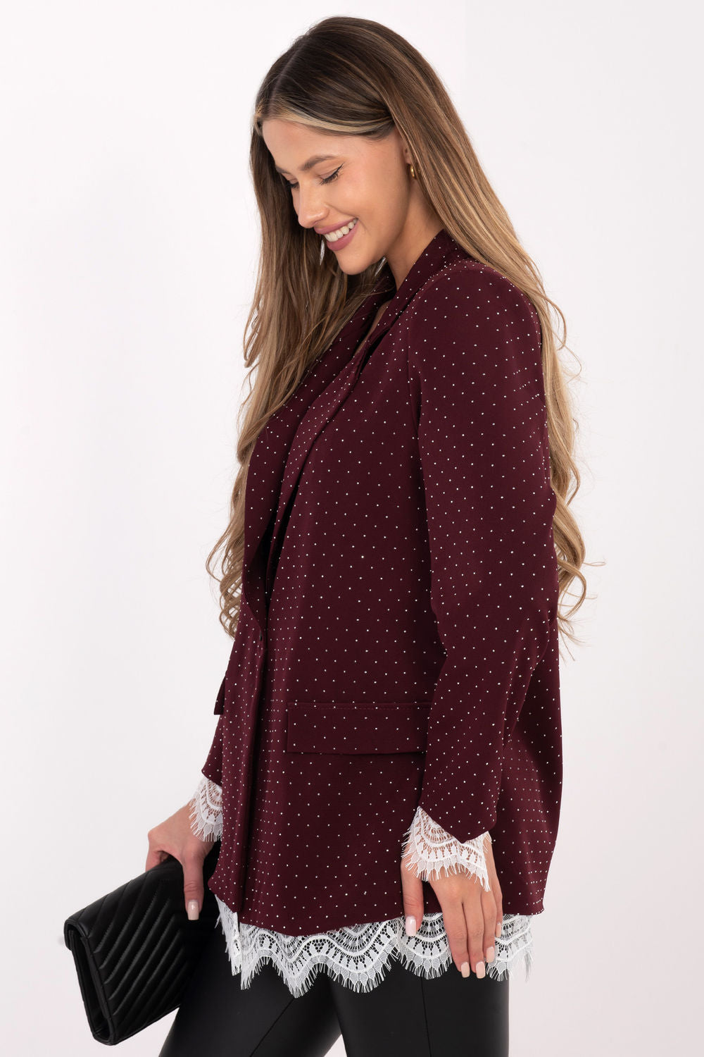 Italy Moda Burgundy Lace Long Sleeve Jacket with Buttons - view 3