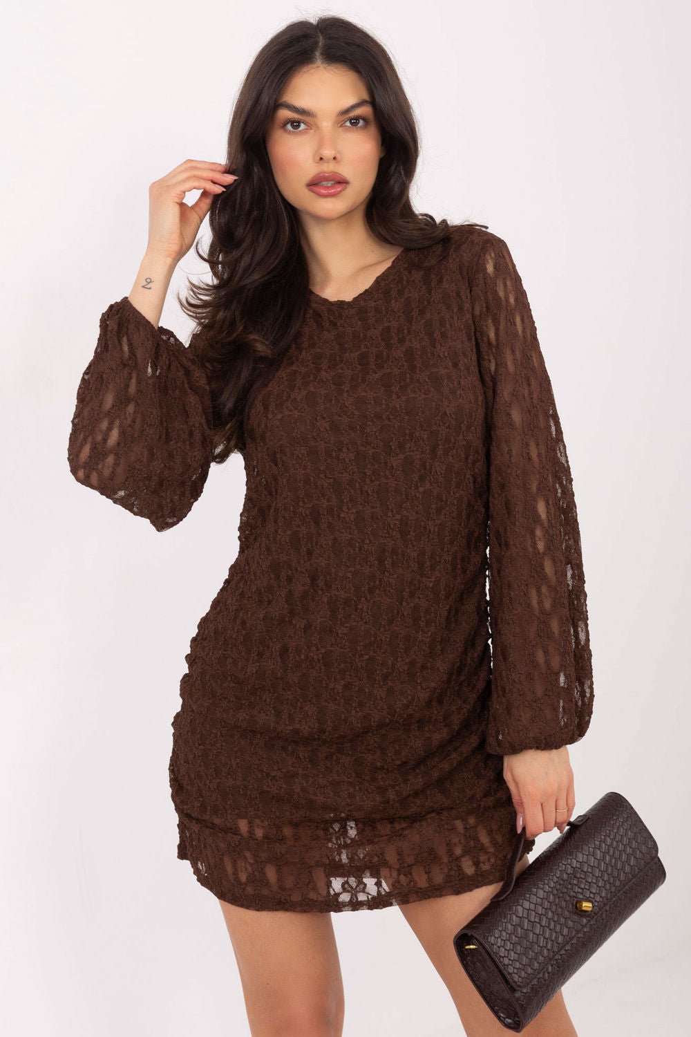 Italy Moda Brown Lace Puff Sleeve Mini Dress