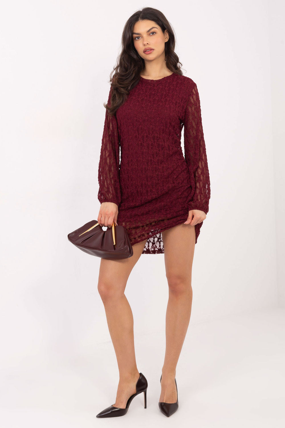 Italy Moda Burgundy Lace Puff Sleeve Mini Dress