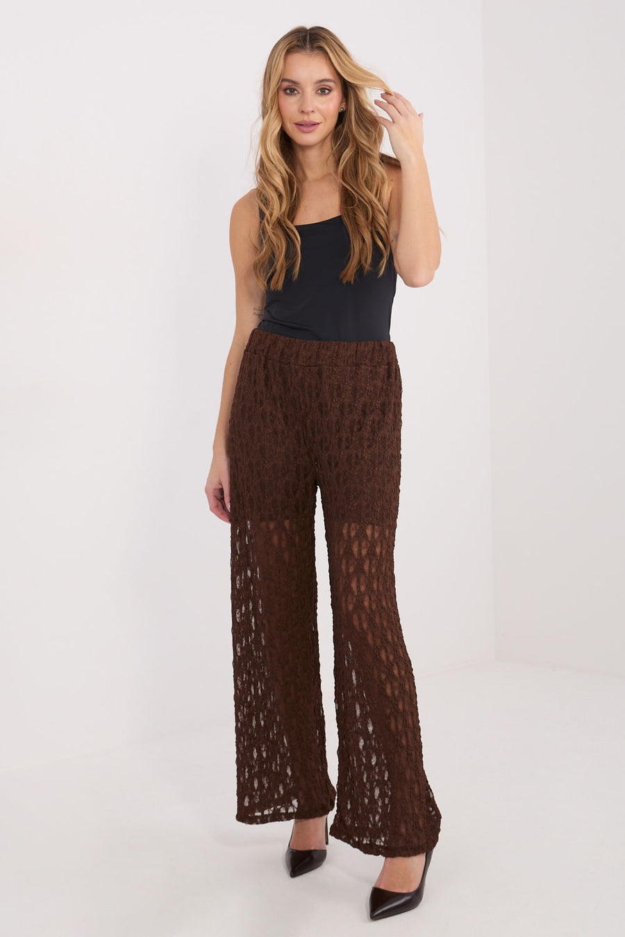 Italy Moda Brown Wide Leg High Waisted Lace Trousers