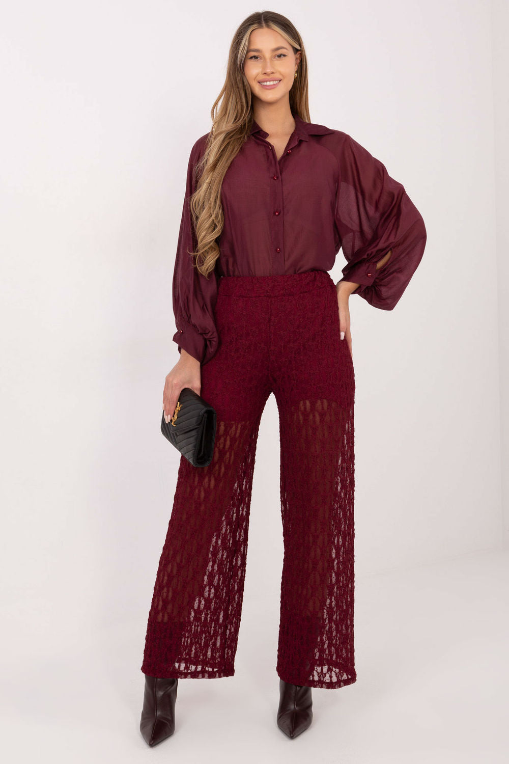 Italy Moda Burgundy Wide Leg High Waisted Lace Trousers