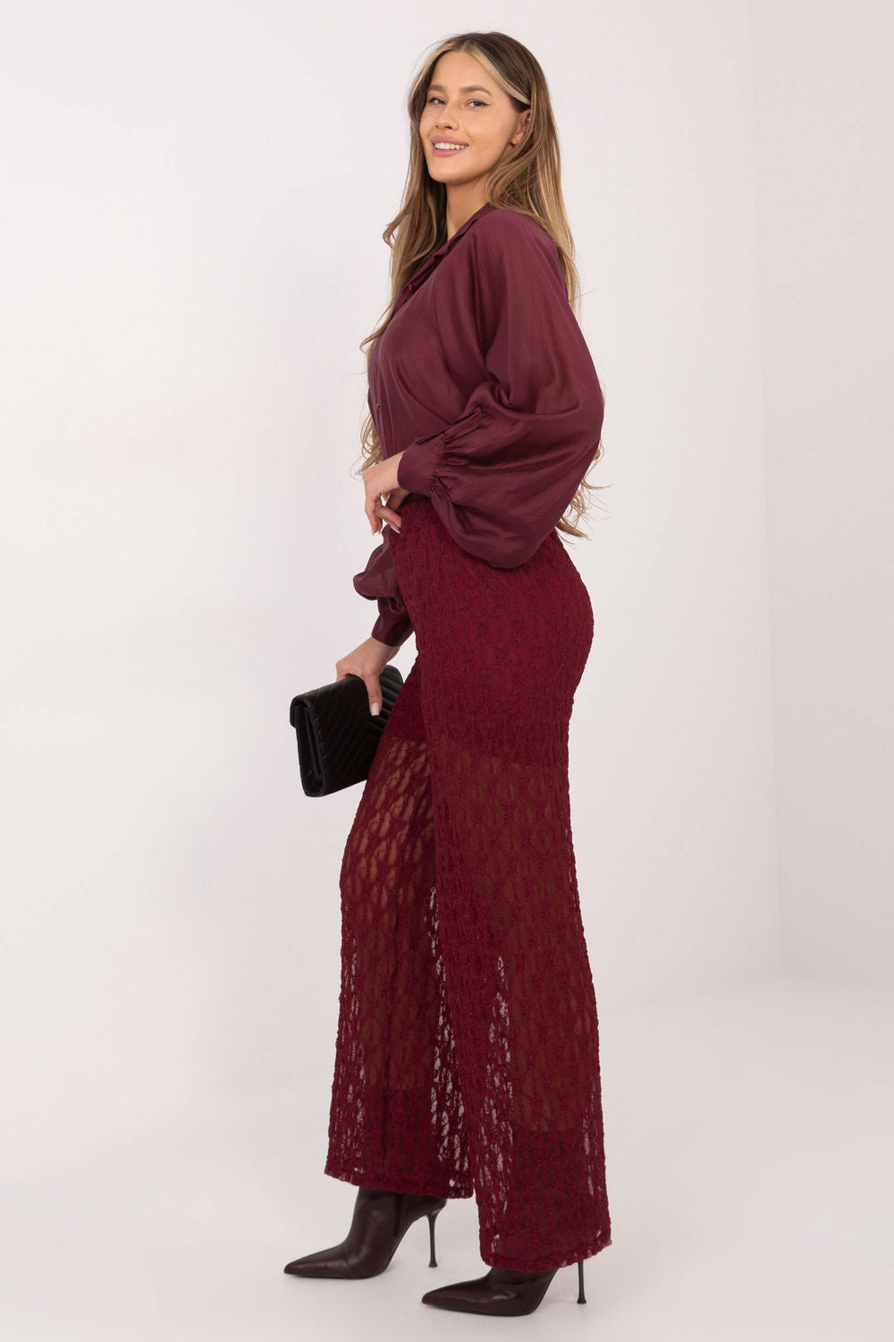 Italy Moda Burgundy Wide Leg High Waisted Lace Trousers - view 2