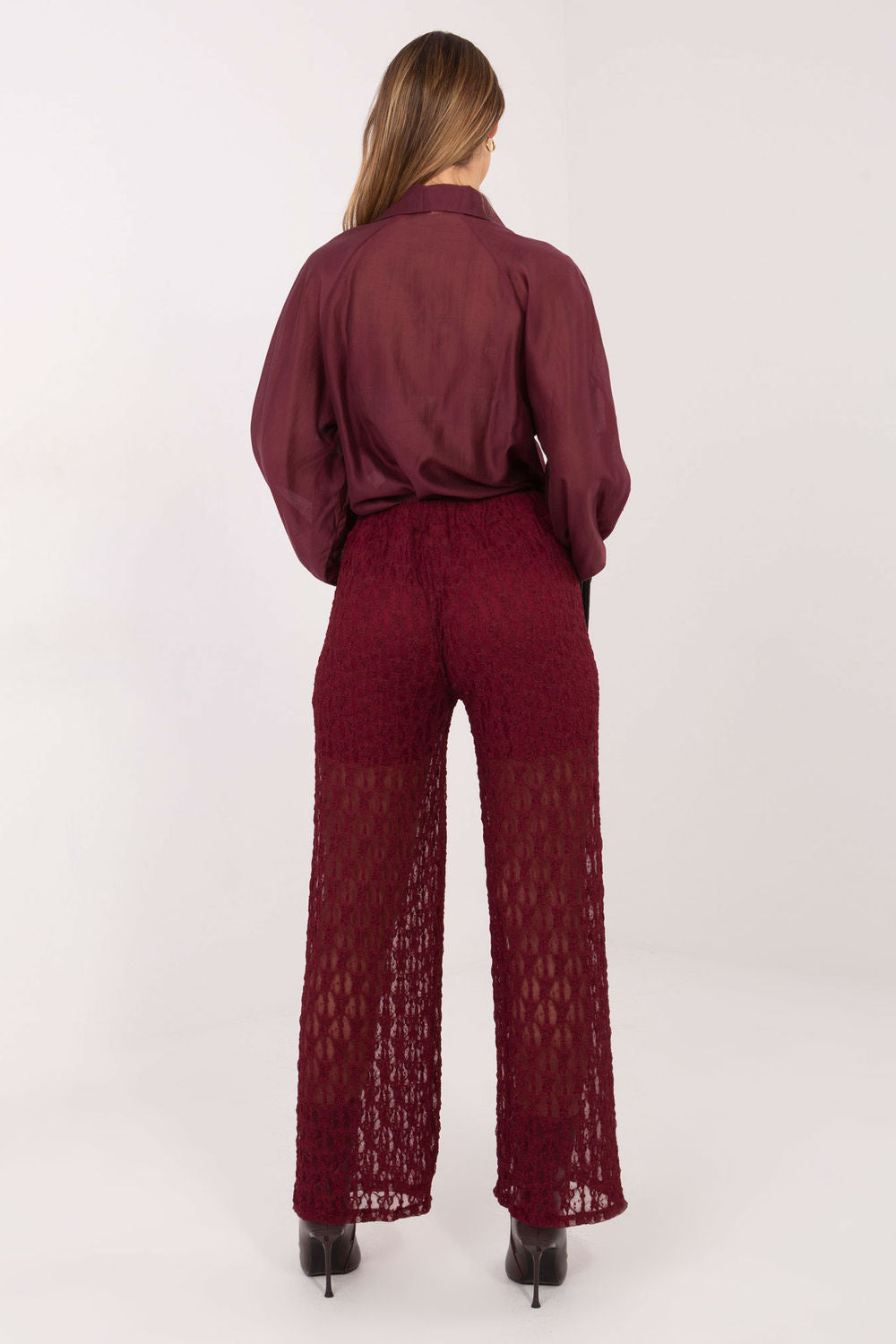 Italy Moda Burgundy Wide Leg High Waisted Lace Trousers - view 3