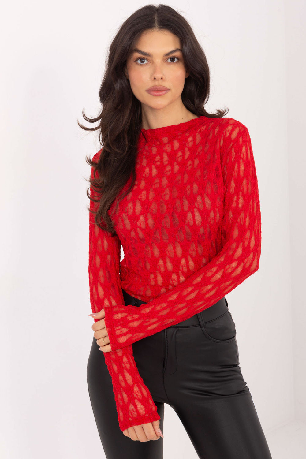 Italy Moda Red Lace Long Sleeve Blouse