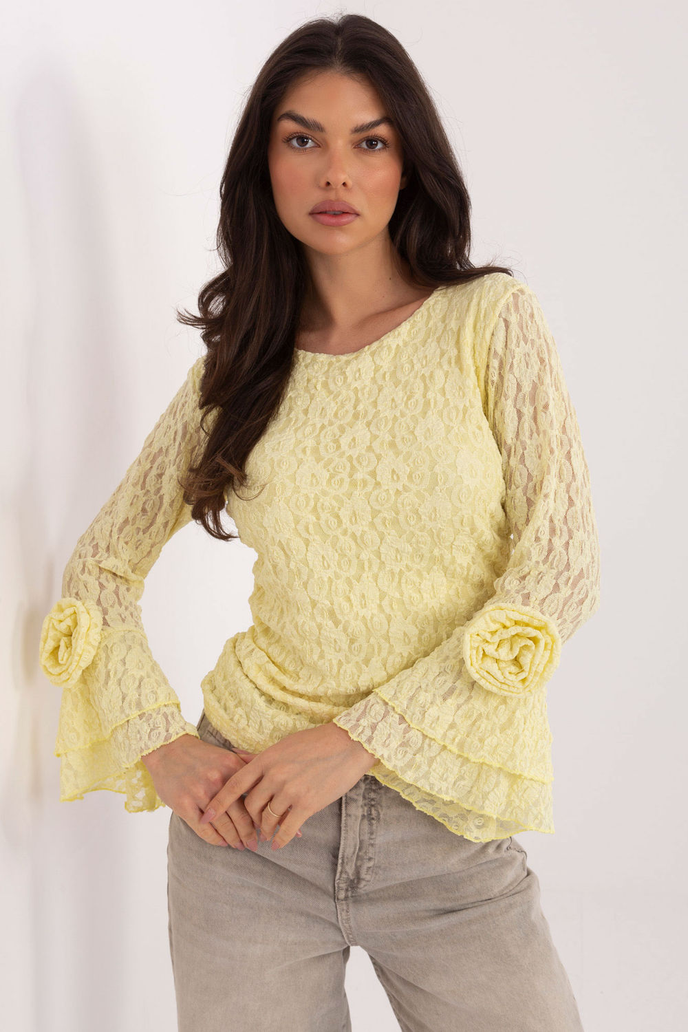 Italy Moda Light Yellow Pleated High Waisted Lace Blouse