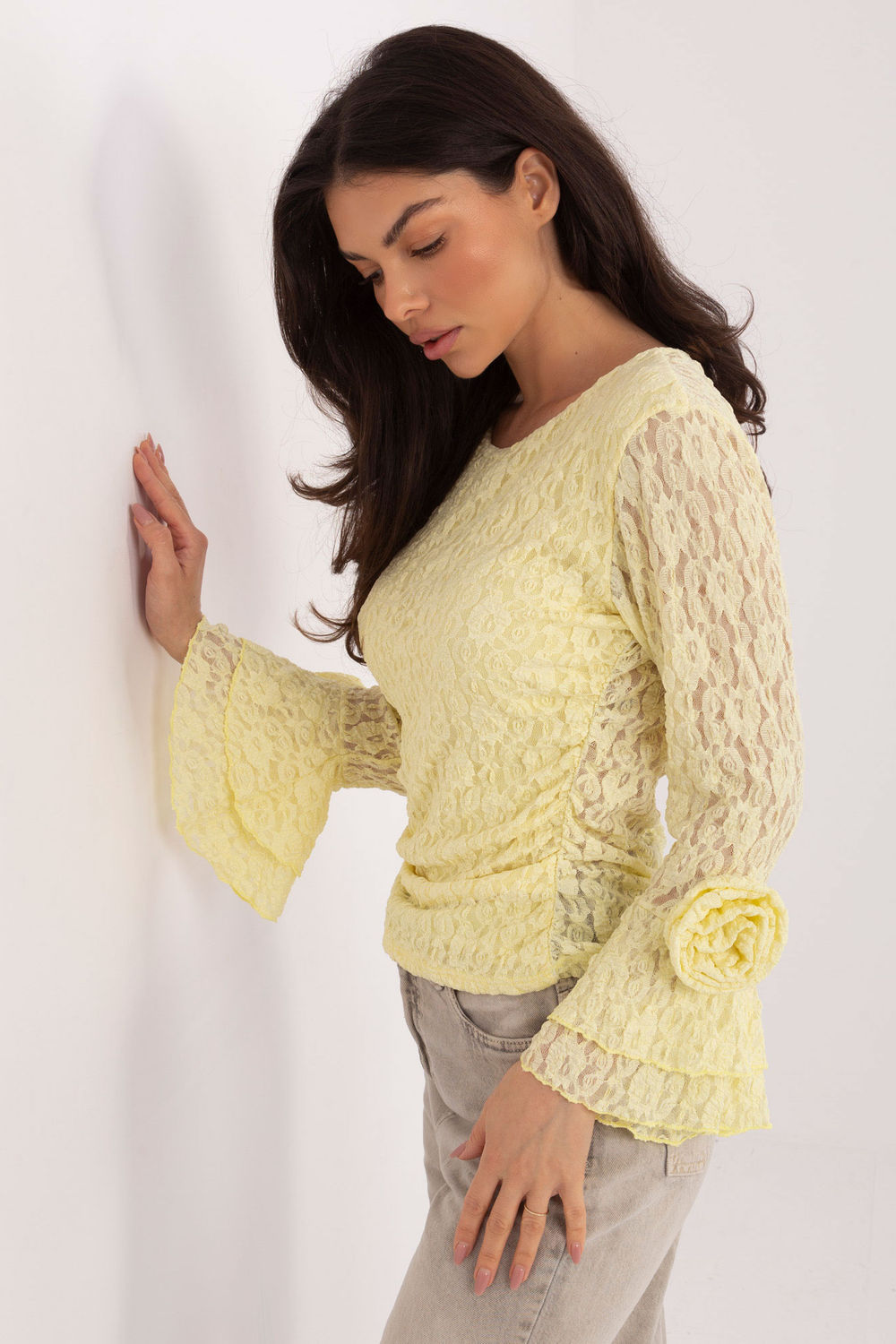 Italy Moda Light Yellow Pleated High Waisted Lace Blouse - view 2