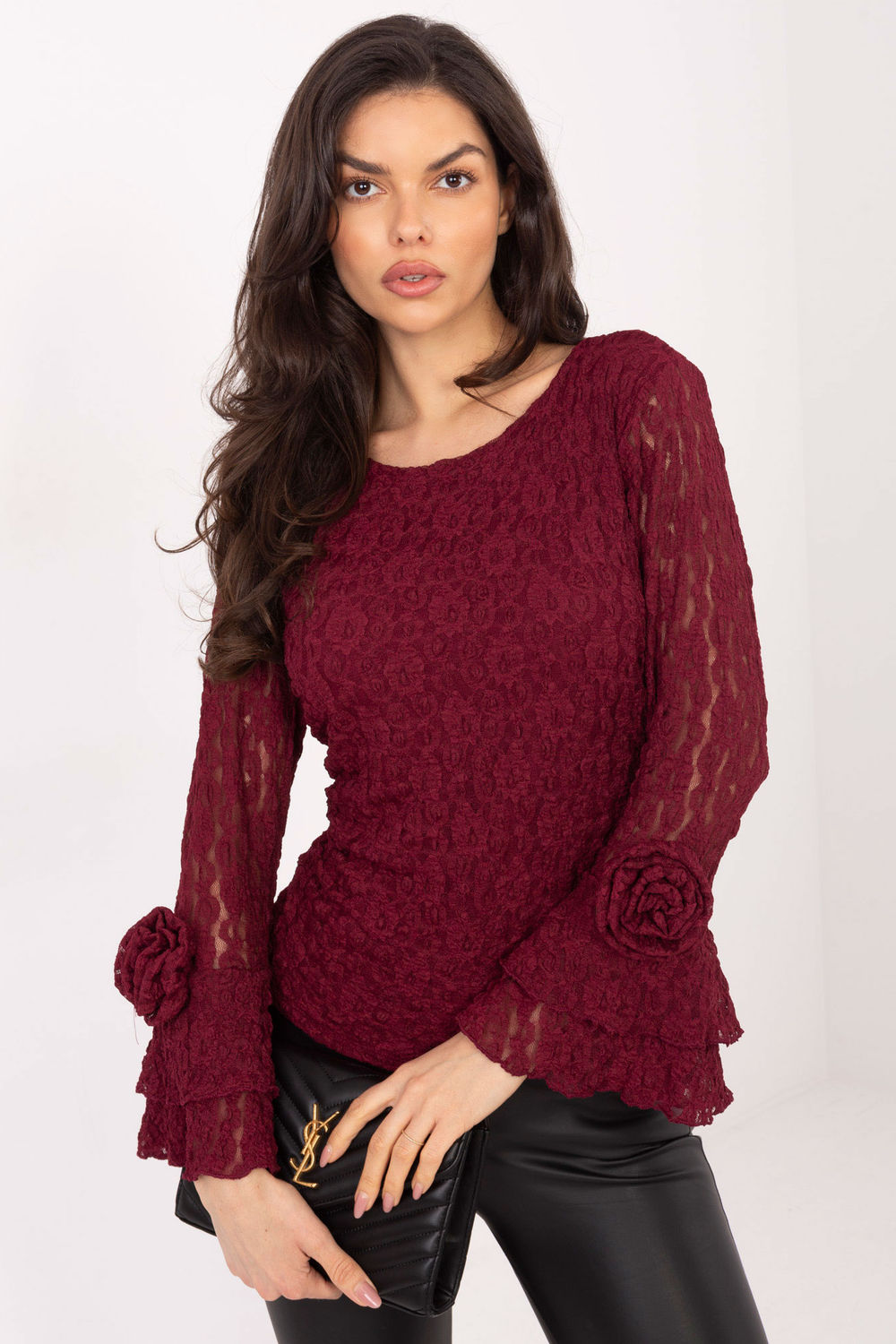 Italy Moda Burgundy High Waisted Lace Blouse