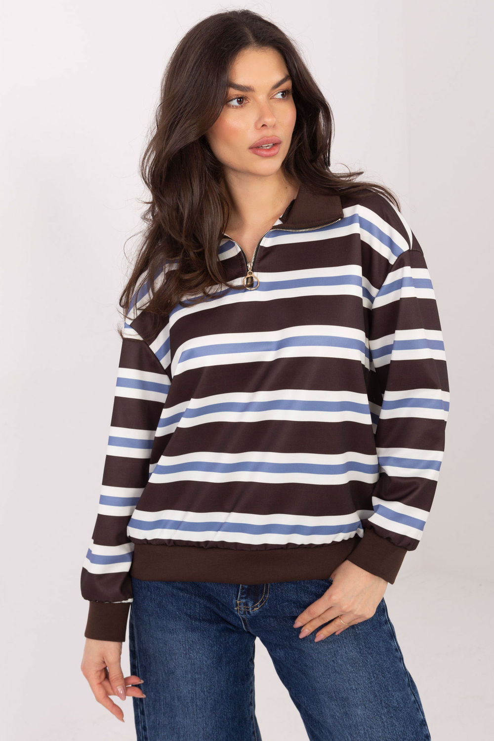 Italy Moda Dark Brown Striped Zip Up Sweatshirt