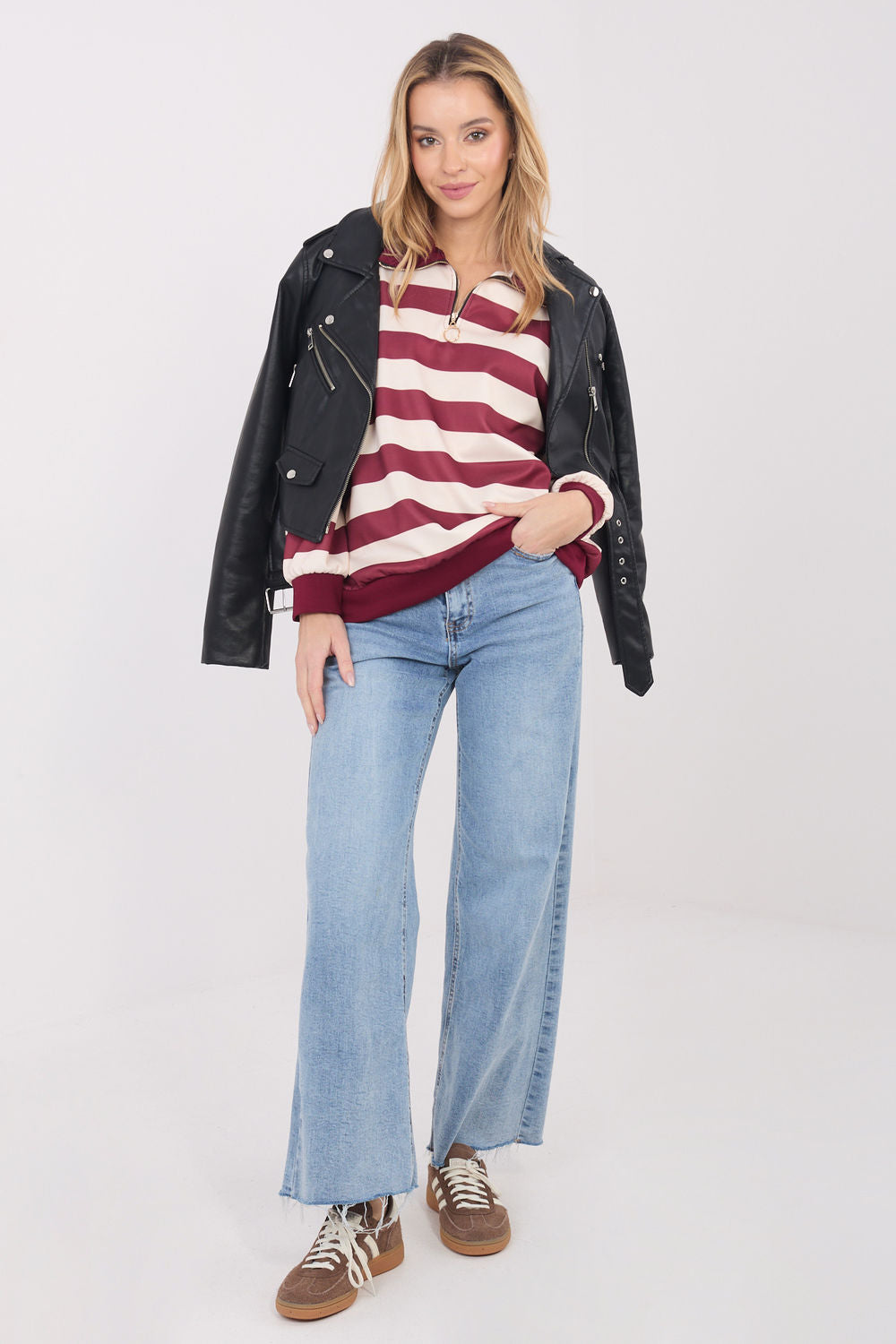Italy Moda Burgundy Striped Zip Up Sweatshirt - view 2