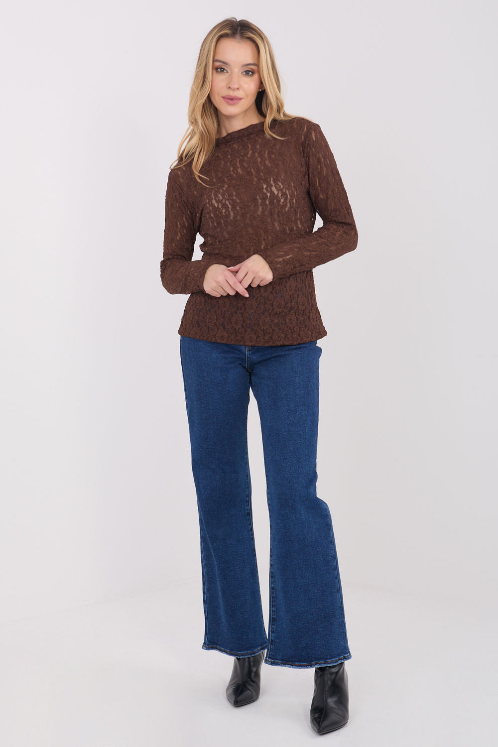 Italy Moda Brown Lace Long Sleeve Blouse