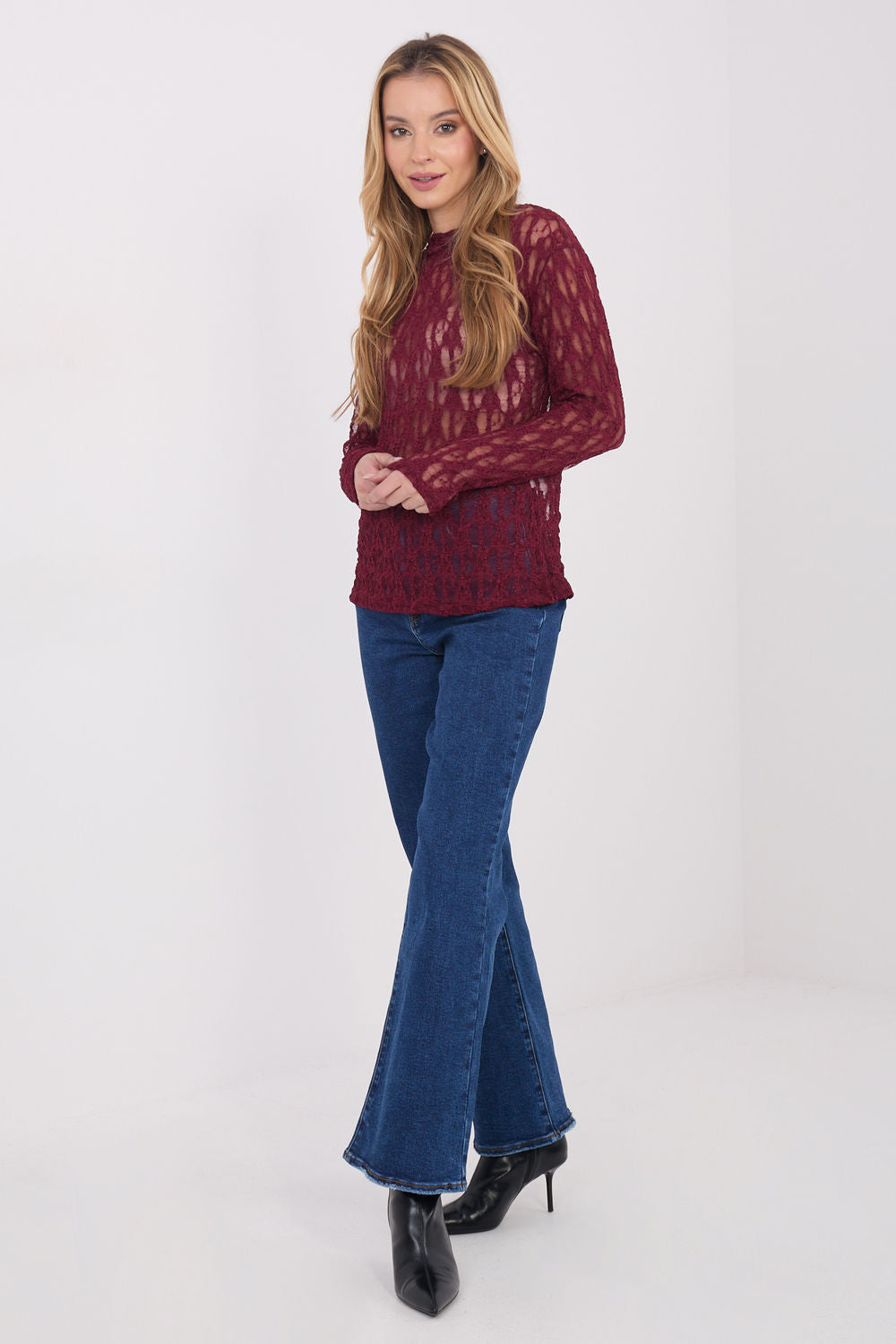 Italy Moda Burgundy Lace Long Sleeve Blouse - view 2