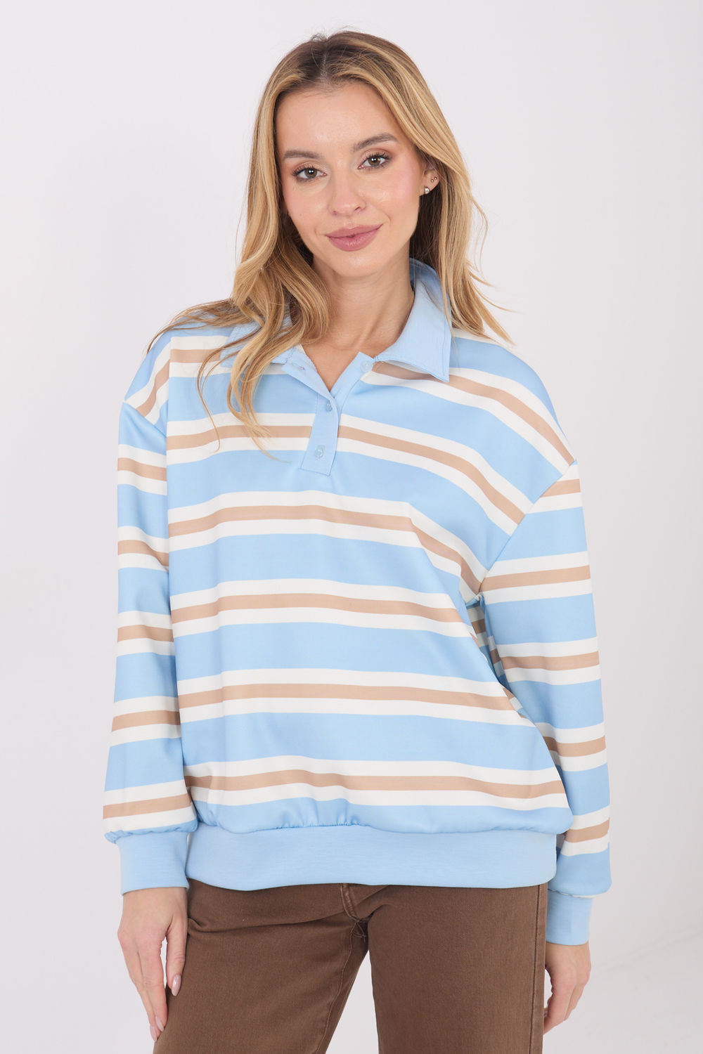 Italy Moda Light Blue Collared Striped Long Sleeve Sweatshirt