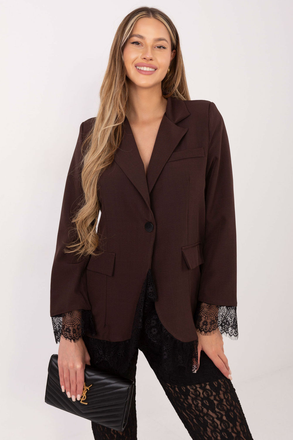 Italy Moda Brown Polyester Lace Long Sleeve Jacket