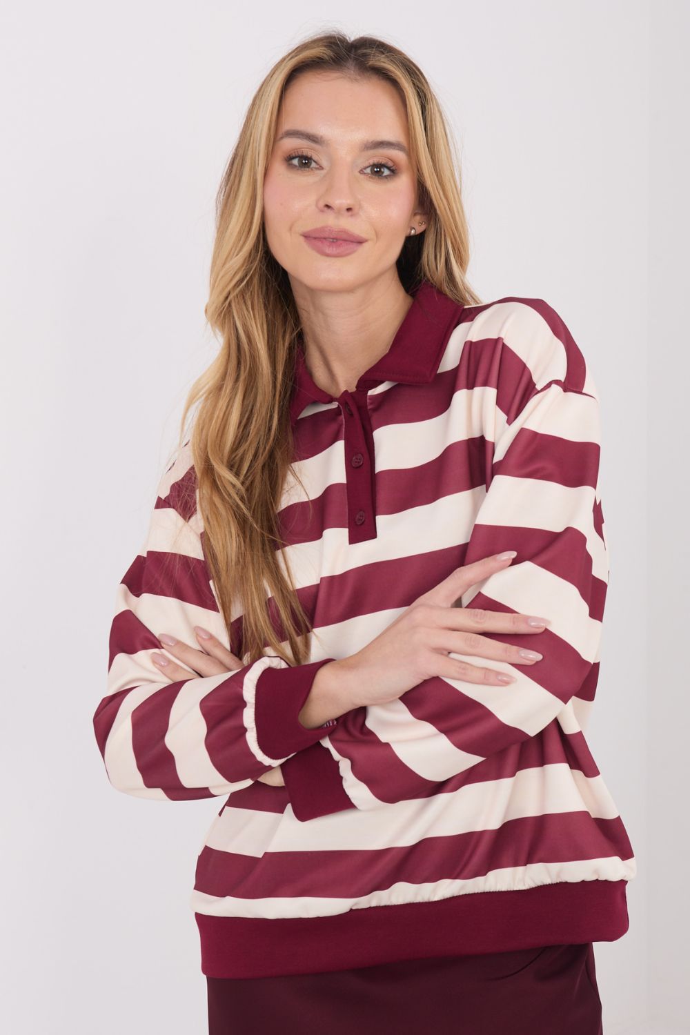 Italy Moda Burgundy Striped Long Sleeve Sweatshirt - view 4