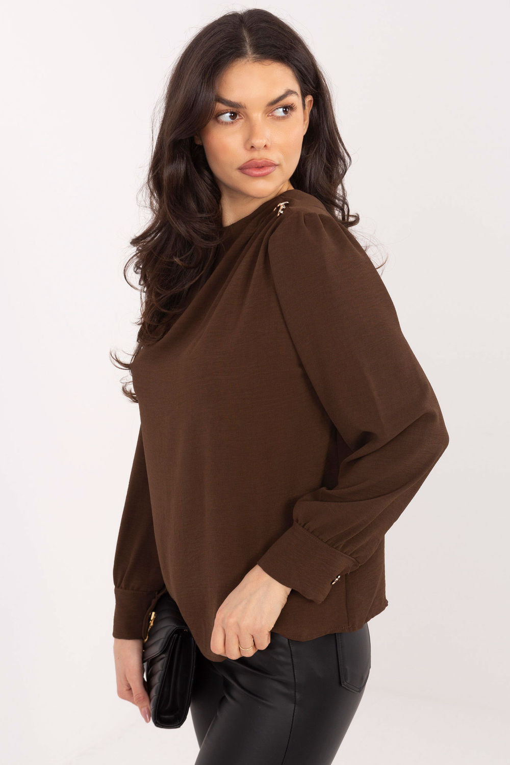 Italy Moda Brown Pleated Puff Sleeve Blouse