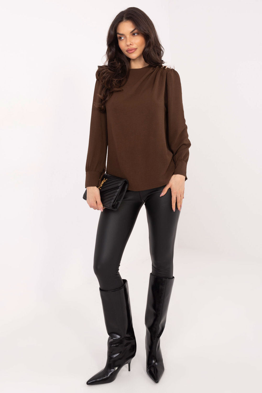 Italy Moda Brown Pleated Puff Sleeve Blouse - view 2