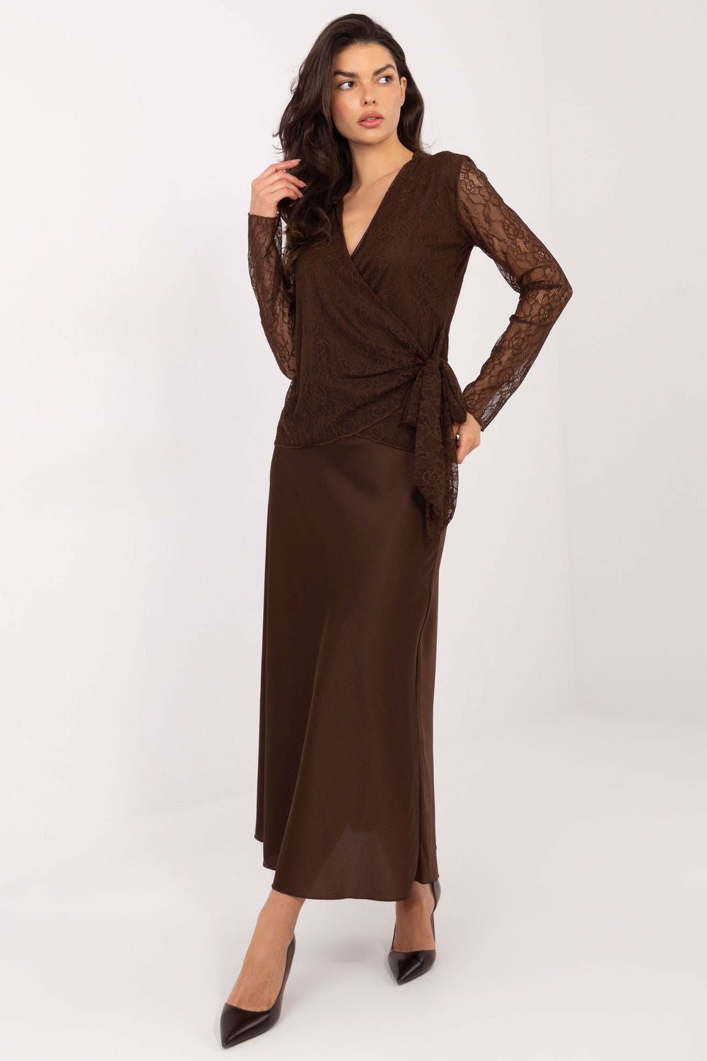 Italy Moda Brown Lace Wrap Blouse