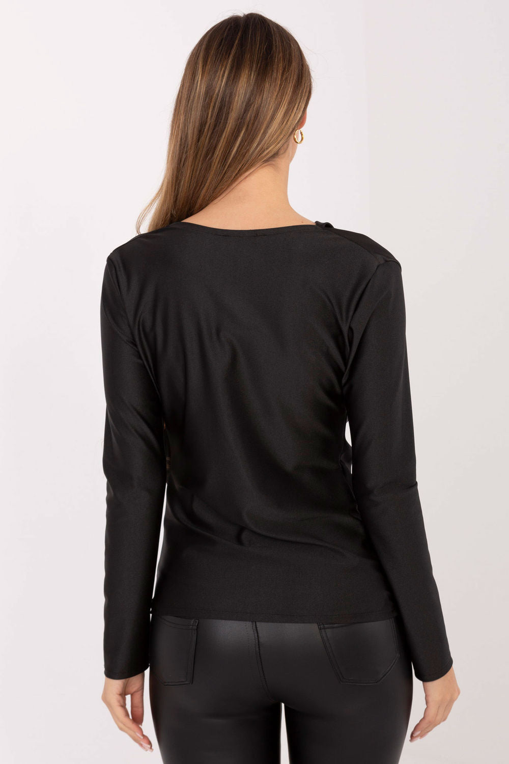Italy Moda Black Draped Pleated Long Sleeve Blouse - view 3