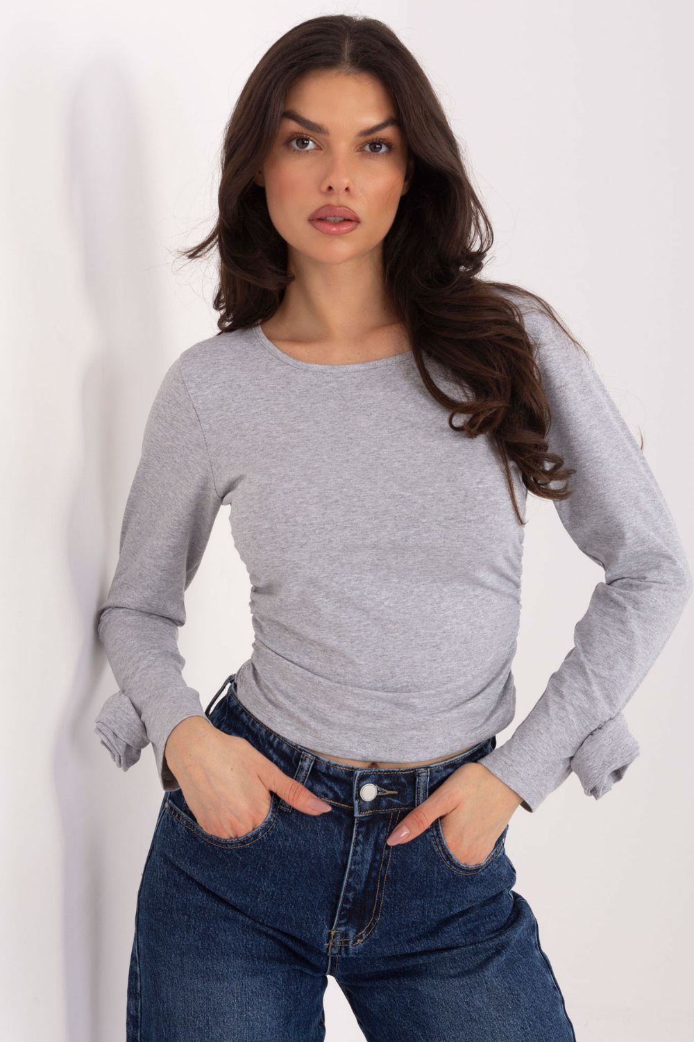 Italy Moda Grey Long Sleeve Cotton Blouse - view 4